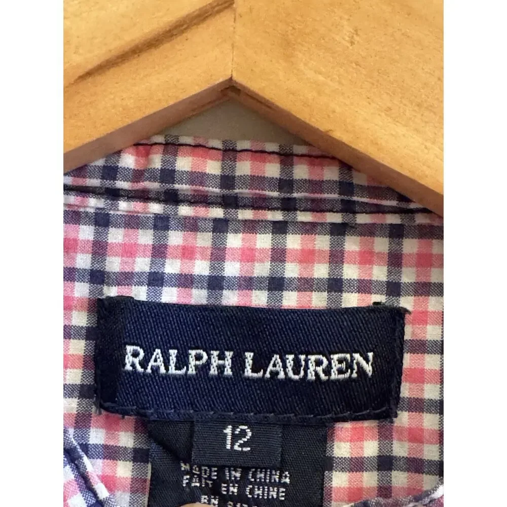 Ralph Lauren Girls 12 Ruffle Shirt Dress Pink Navy Polo Pony Plaid Puff Sleeves